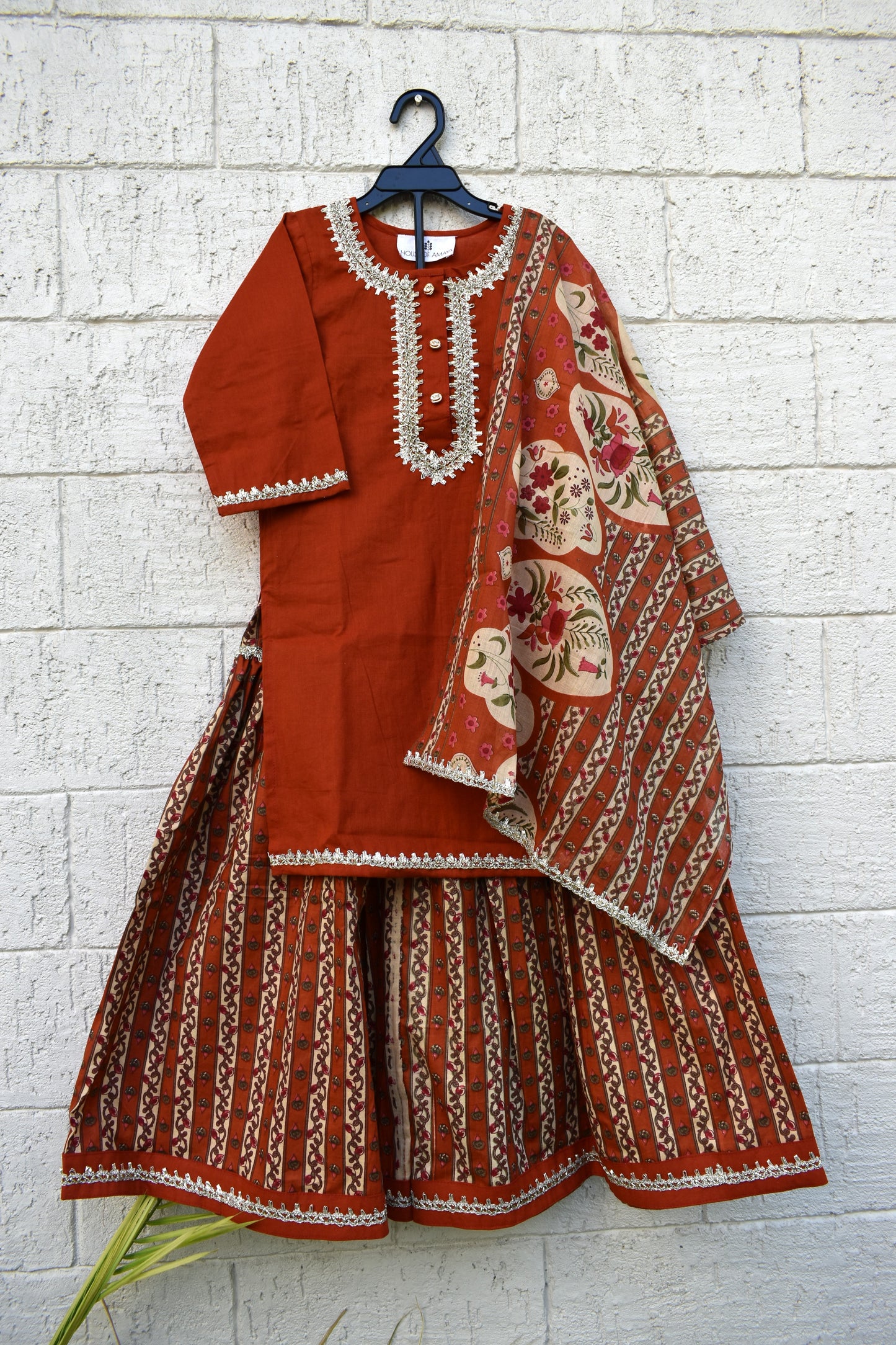 Brick Orange Printed Sharara Set for girls - set of 3