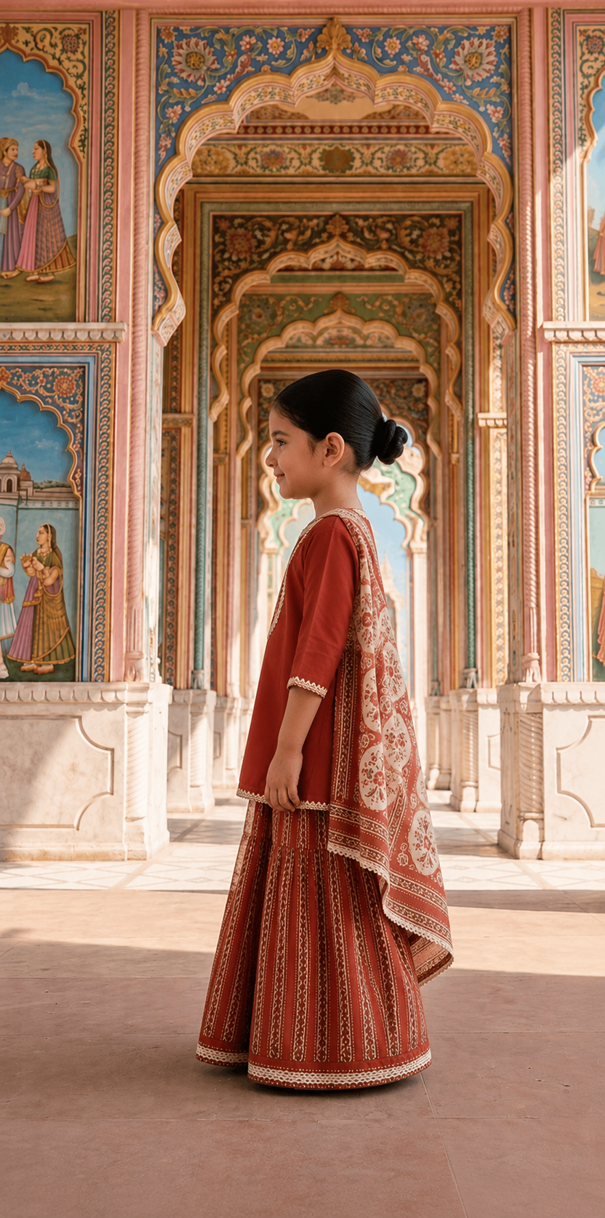 Brick Orange Printed Sharara Set for girls - set of 3