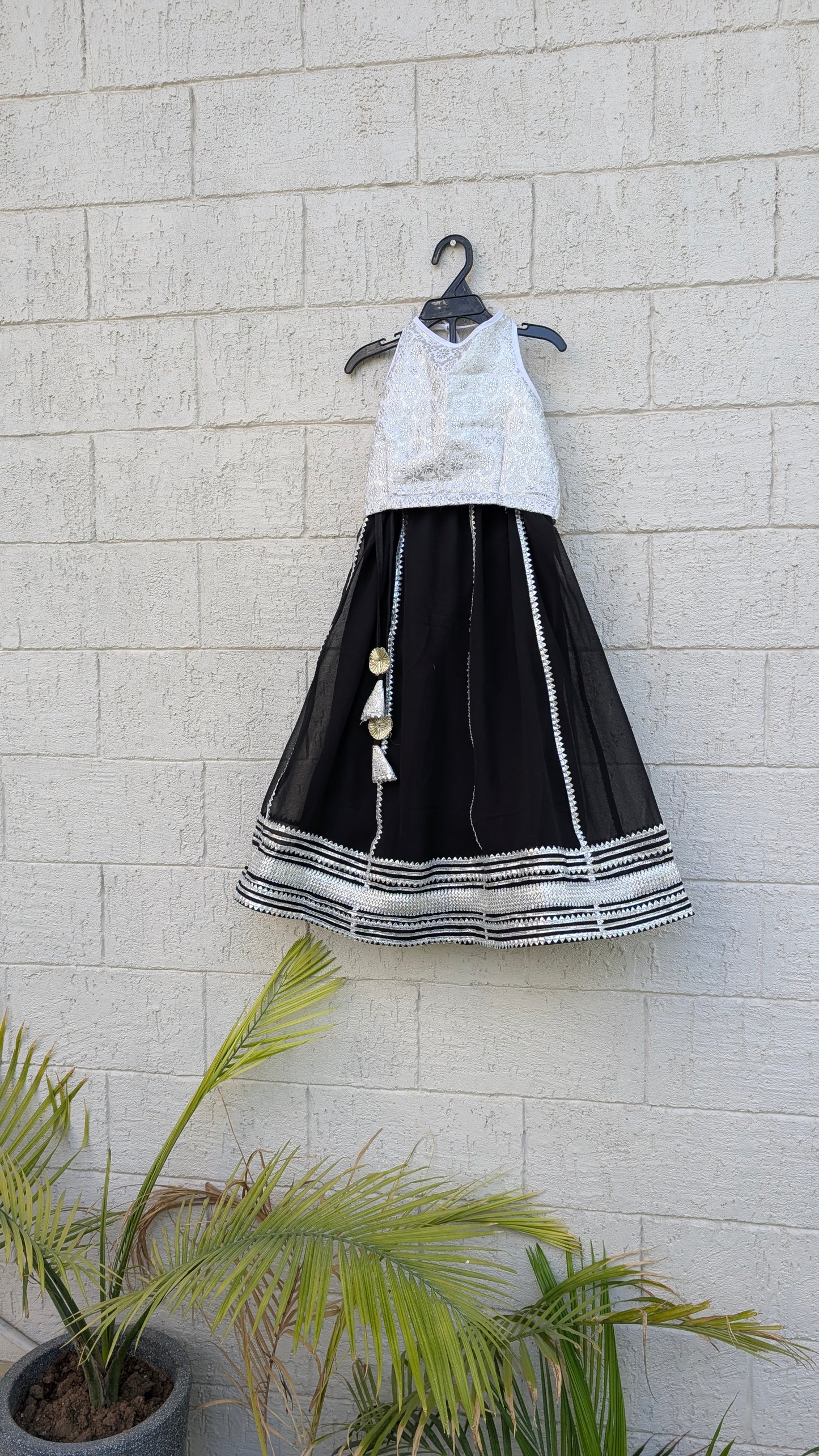 Black Georgette Lehenga with White Brocade Blouse for girls - set of 3