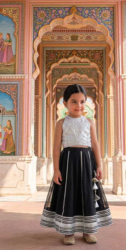 Black Georgette Lehenga with White Brocade Blouse for girls - set of 3