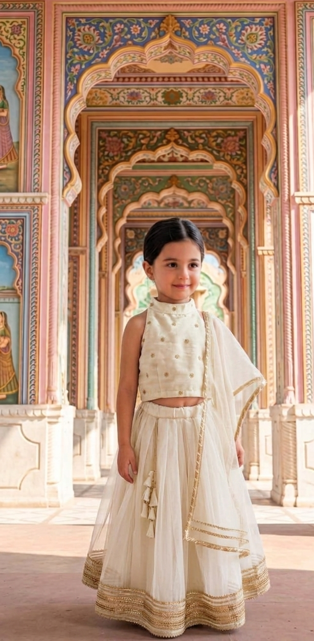 White Georgette Lehenga with White Silk Blouse for girls - set of 3