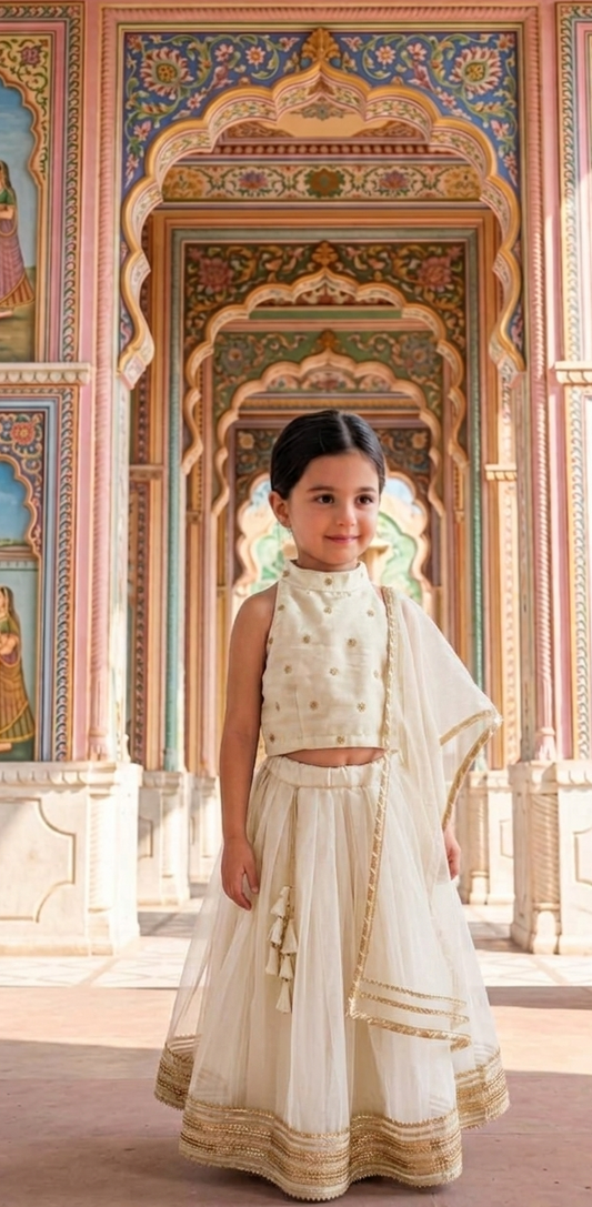 White Georgette Lehenga with White Silk Blouse for girls - set of 3