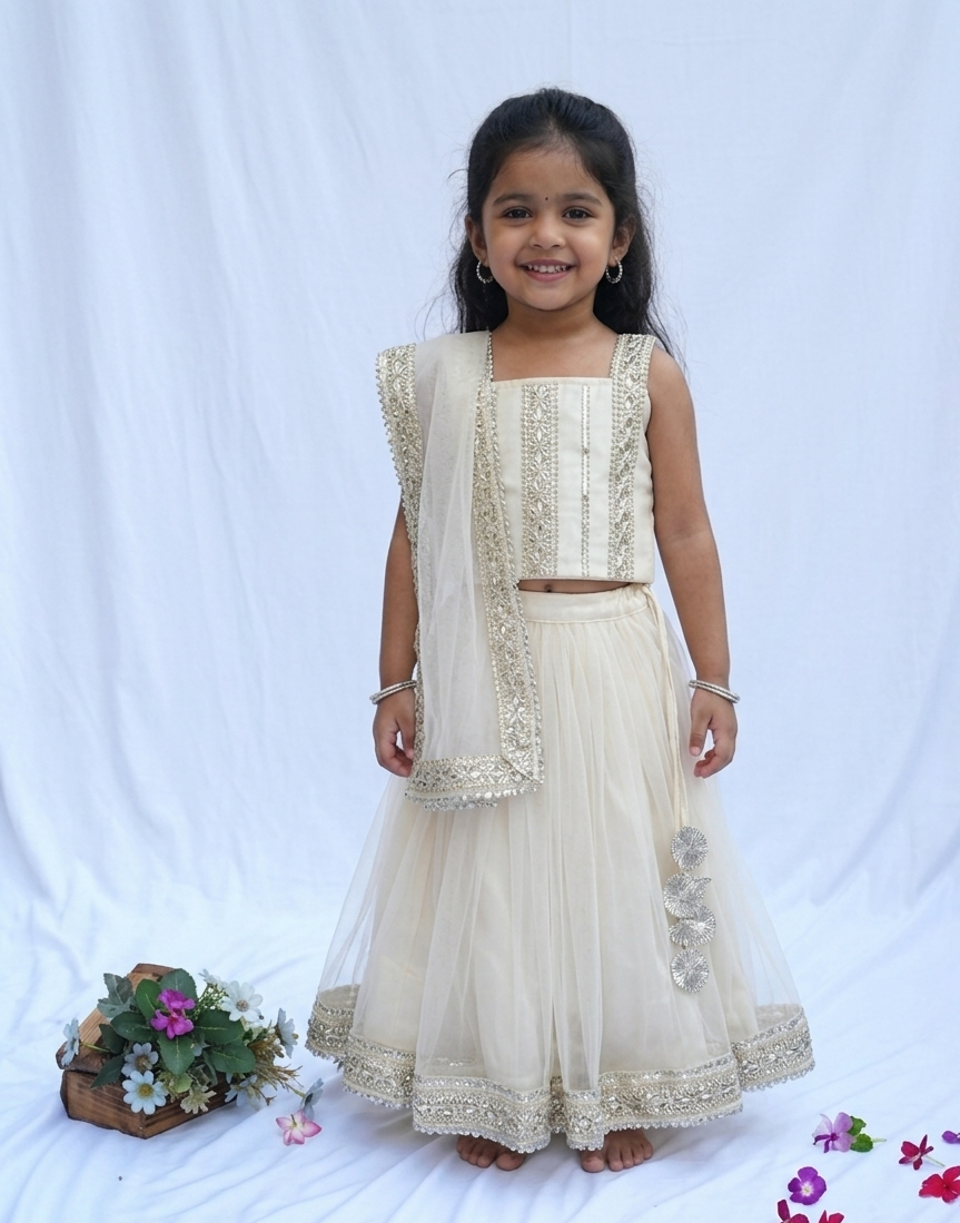 White Net Lehenga Set for girls - Set of 3