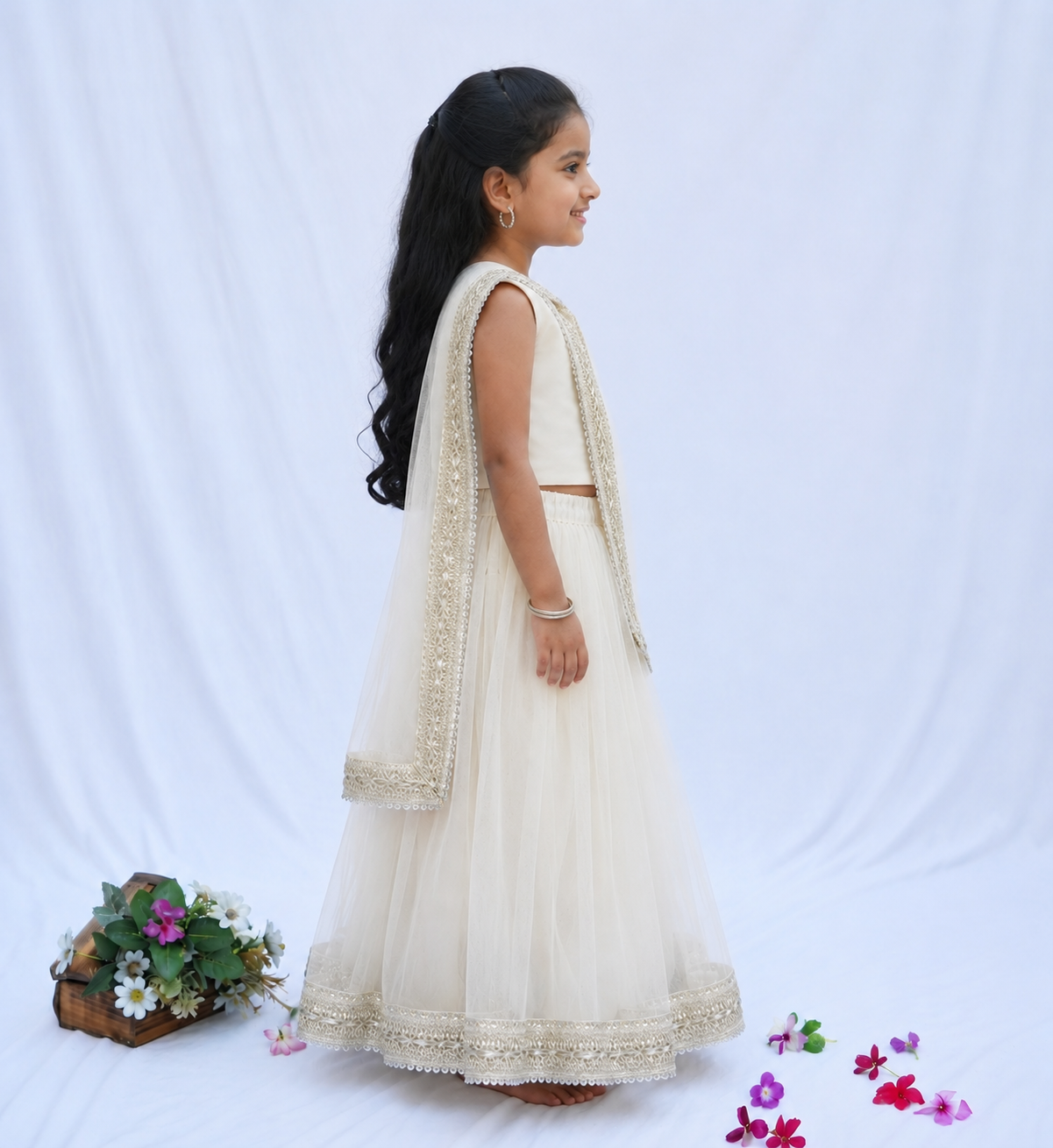 White Net Lehenga Set for girls - Set of 3
