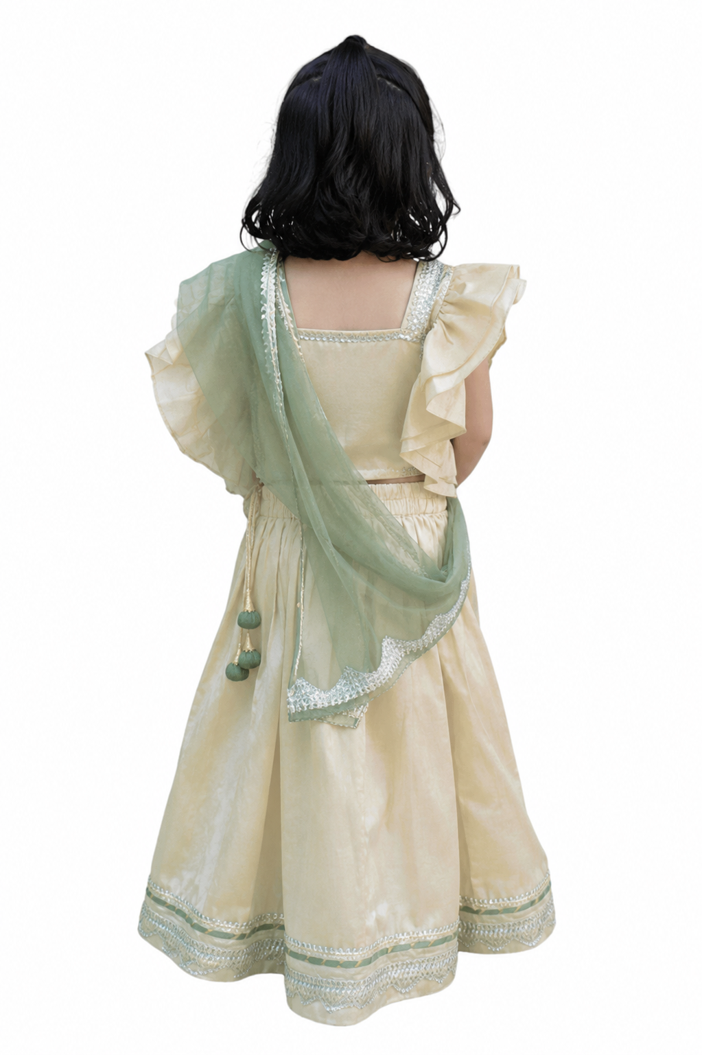 White Silk Lehenga with Light Green Net Dupatta - Set of 3