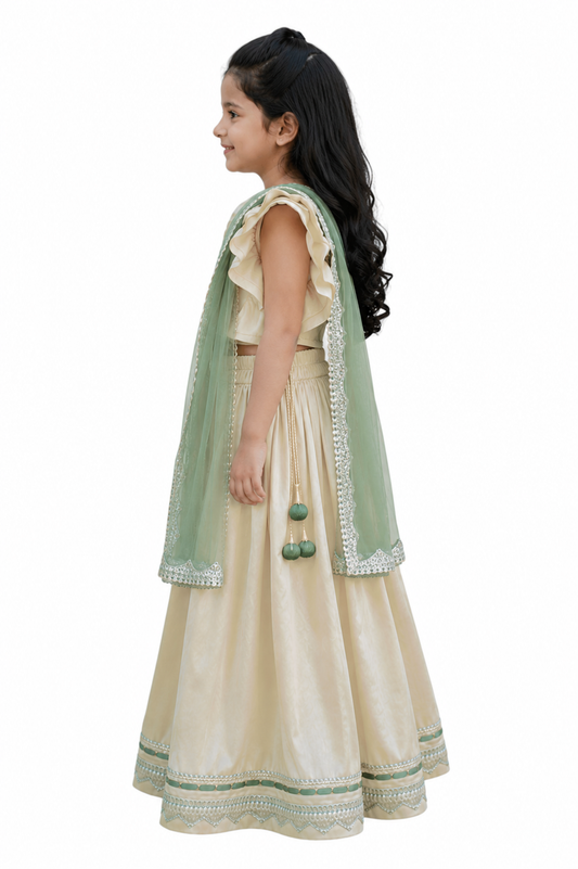 White Silk Lehenga with Light Green Net Dupatta - Set of 3