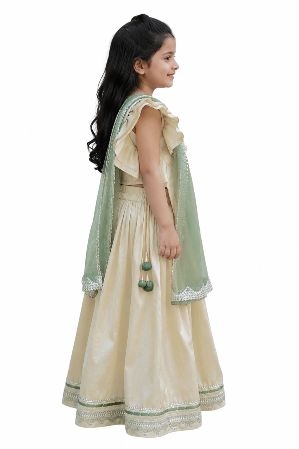 White Silk Lehenga with Light Green Net Dupatta - Set of 3