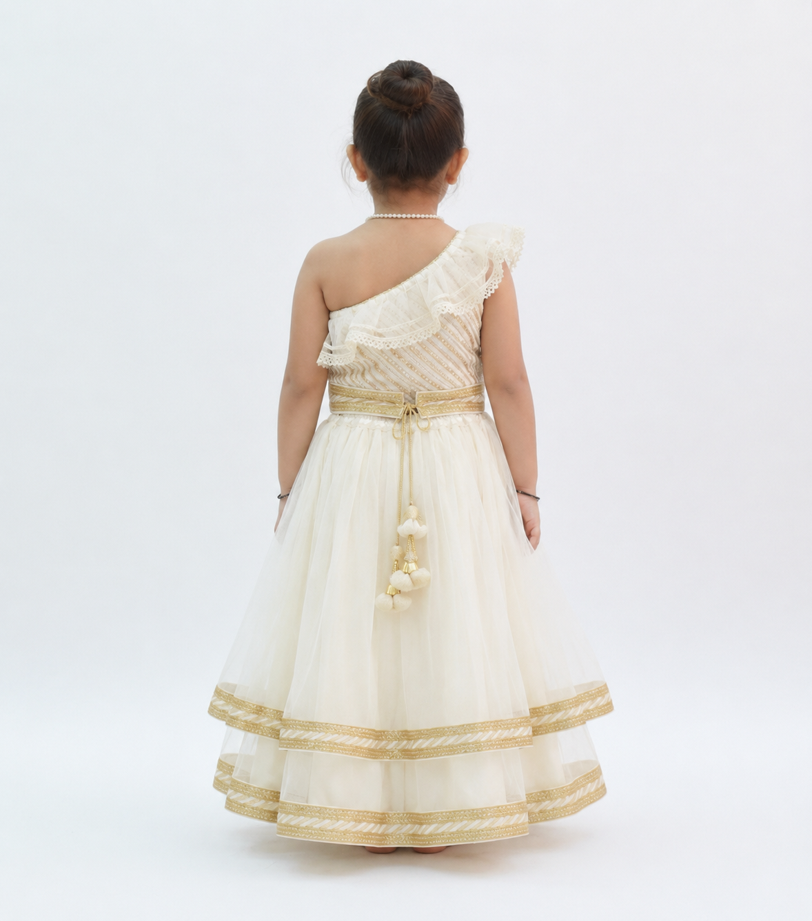 White Off Shoulder Net Lehenga Set for girls - Set of 2