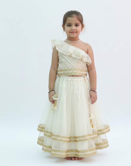 White Off Shoulder Net Lehenga Set for girls - Set of 2
