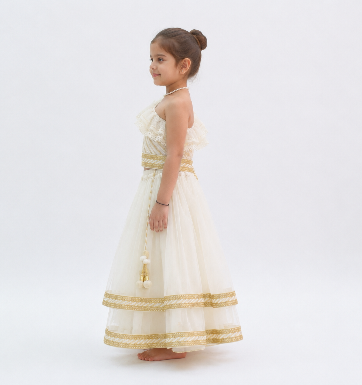 White Off Shoulder Net Lehenga Set for girls - Set of 2