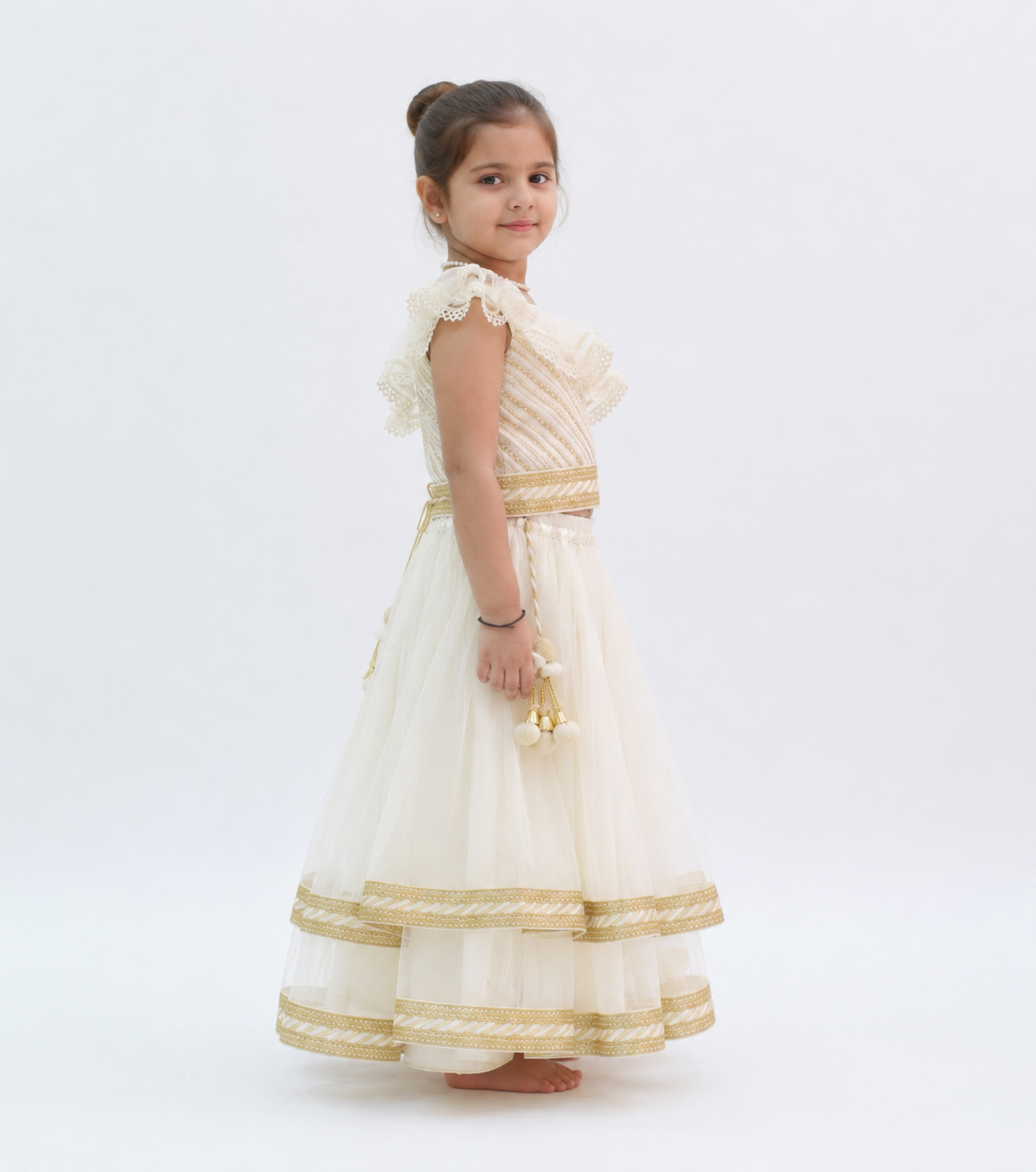 White Off Shoulder Net Lehenga Set for girls - Set of 2