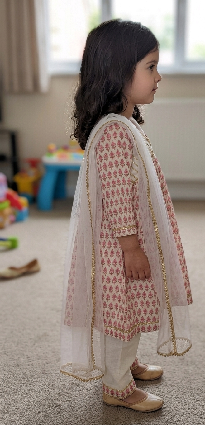 Pink Booti long anarkali with white payjama and net dupatta - set of 3