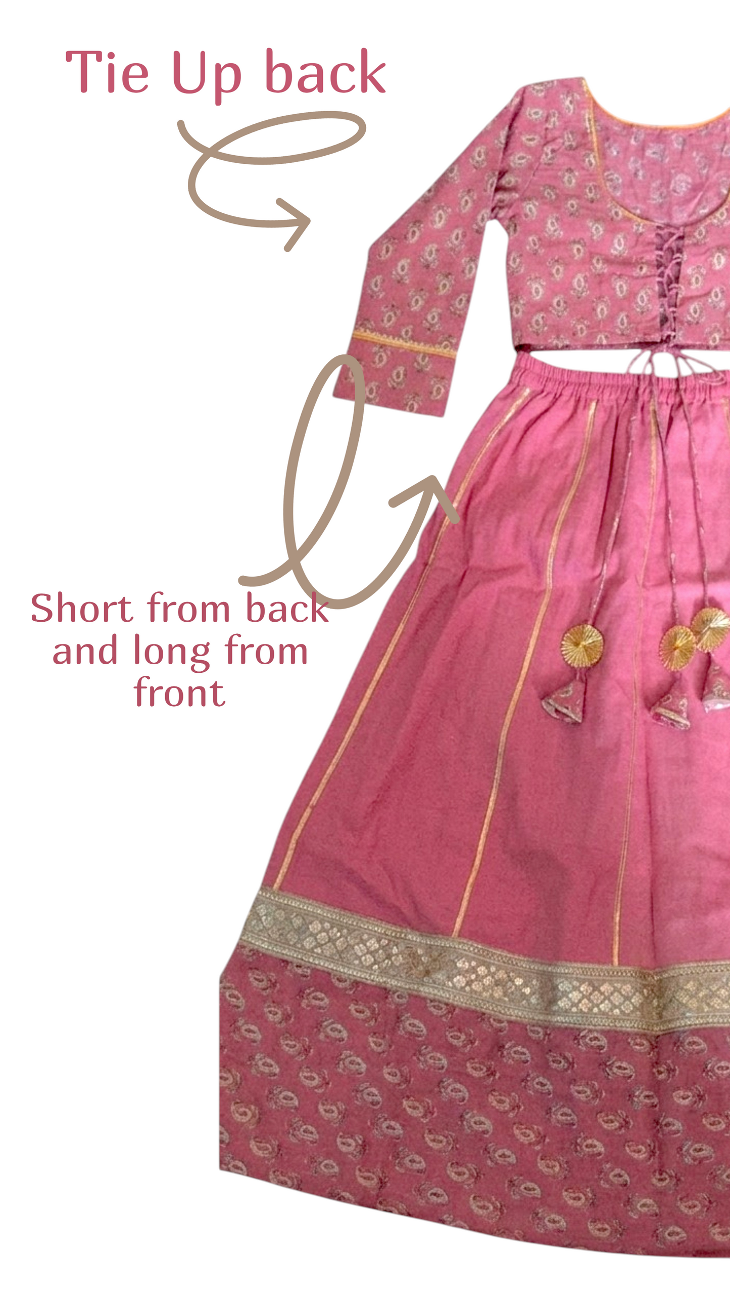 Pink cotton printed lehenga with net dupatta - Set of 3