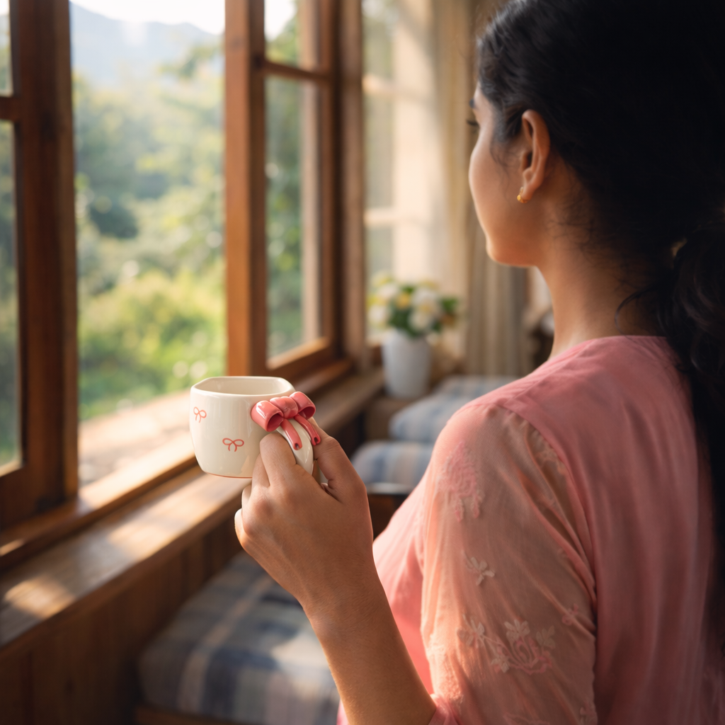 Woman holding a mug with a bow, looking out a window at a scenic view