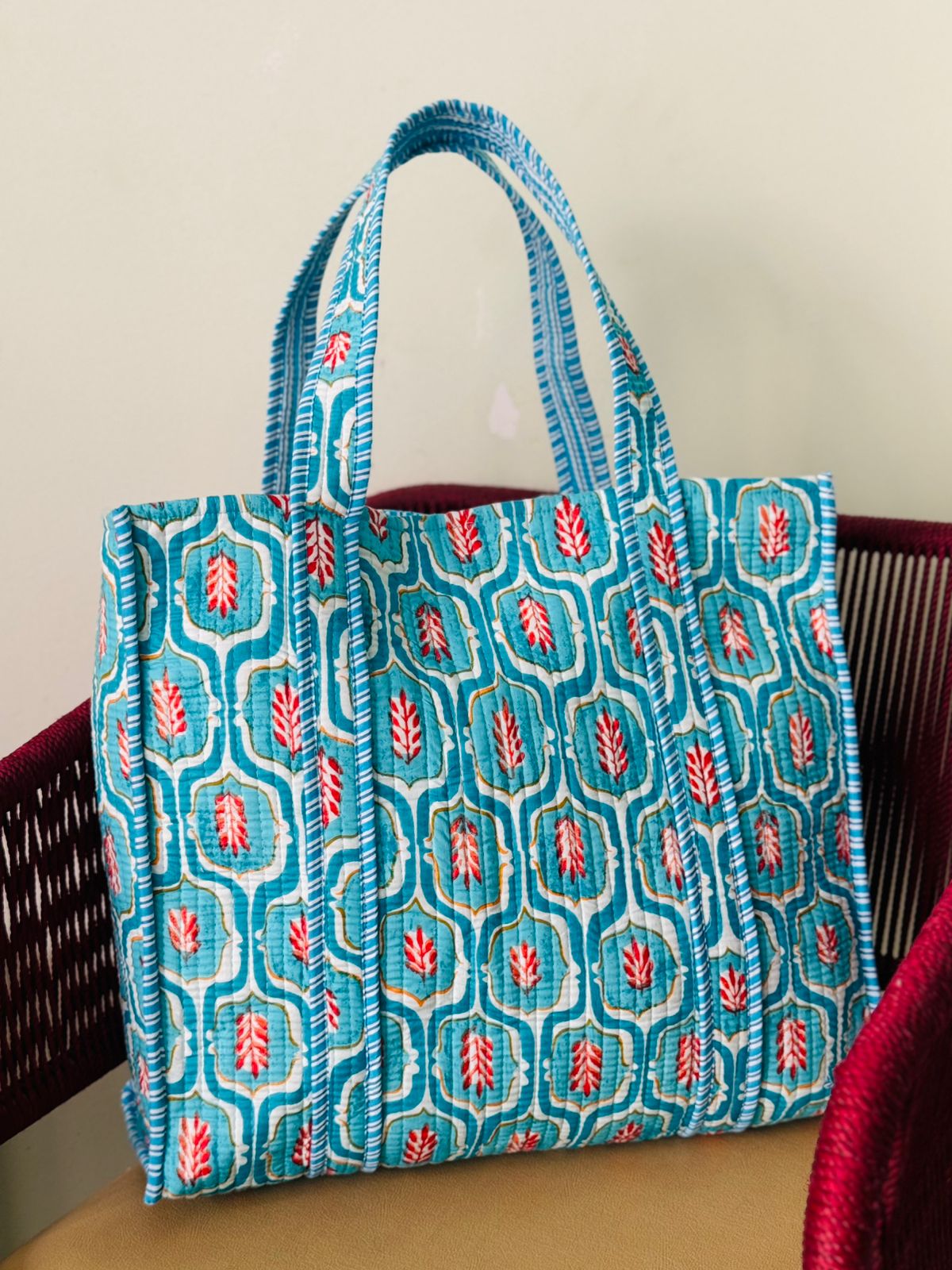 Blue Flower Motif Tote Bag