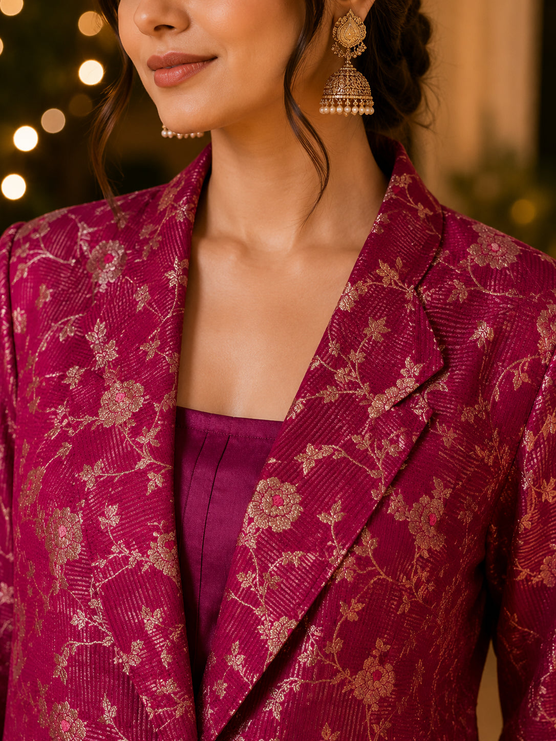 A close-up of a woman wearing a magenta brocade blazer with gold floral patterns over a matching magenta top, accessorized with gold jhumka earrings.