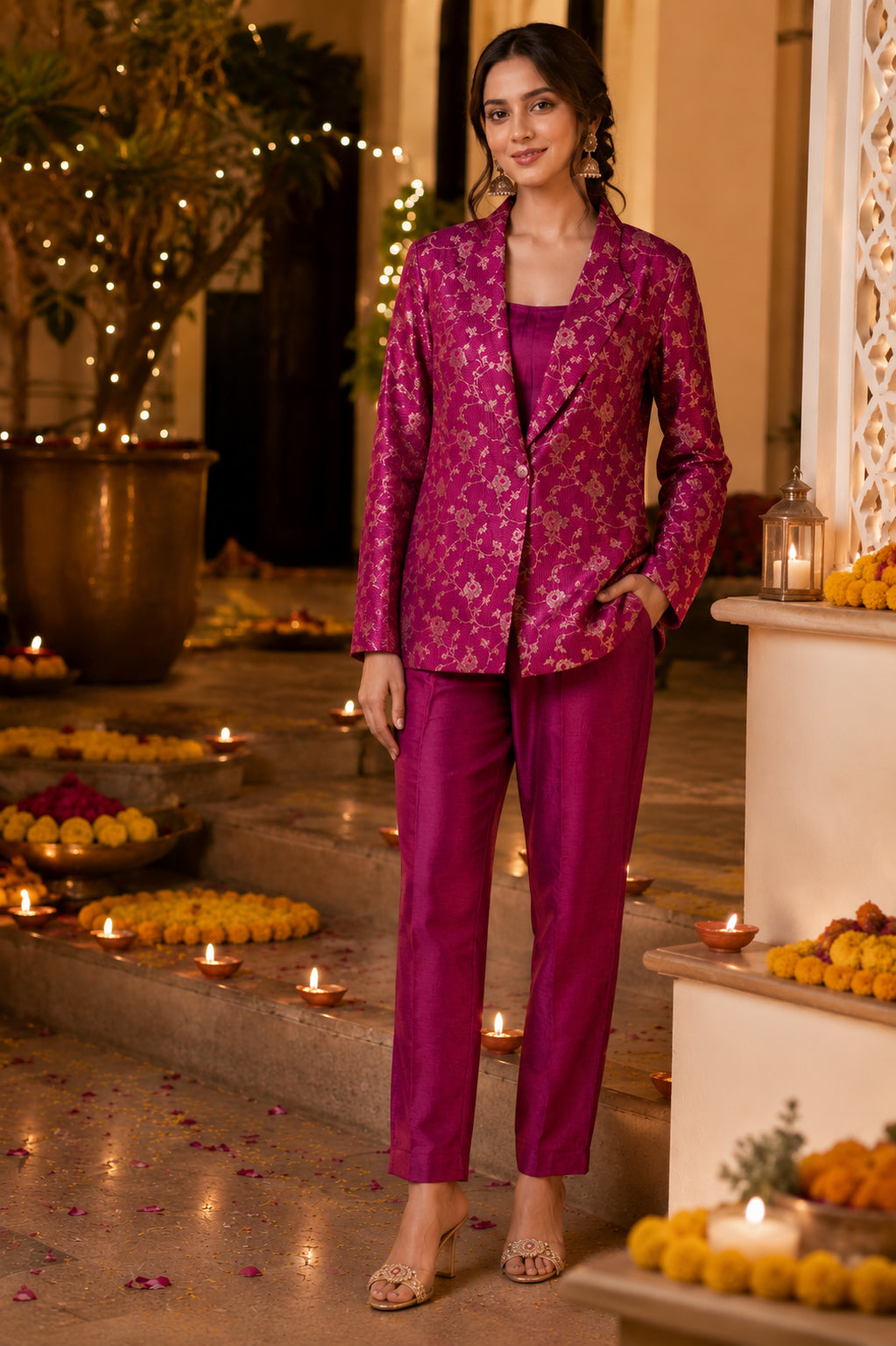 A woman models a magenta floral printed two-piece suit consisting of a blazer and trousers, standing in an outdoor courtyard decorated with string lights, candles, and marigold flowers.