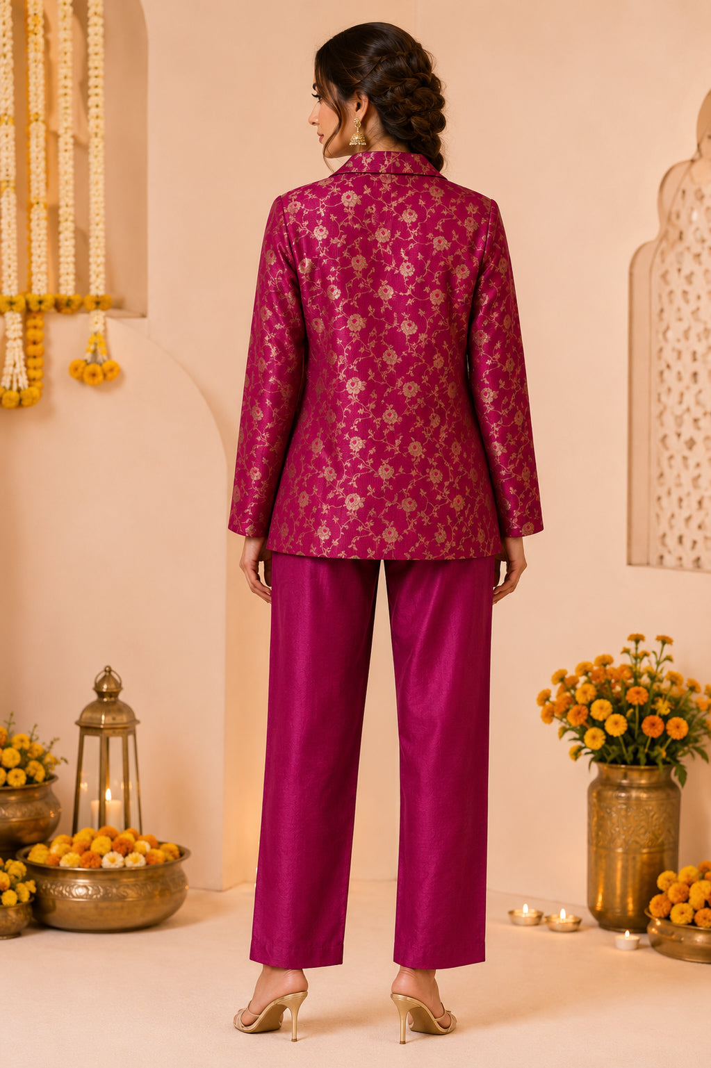A woman shown from the back wearing a magenta floral printed jacket and matching trousers, standing in a decorated indoor setting with flowers and lanterns.