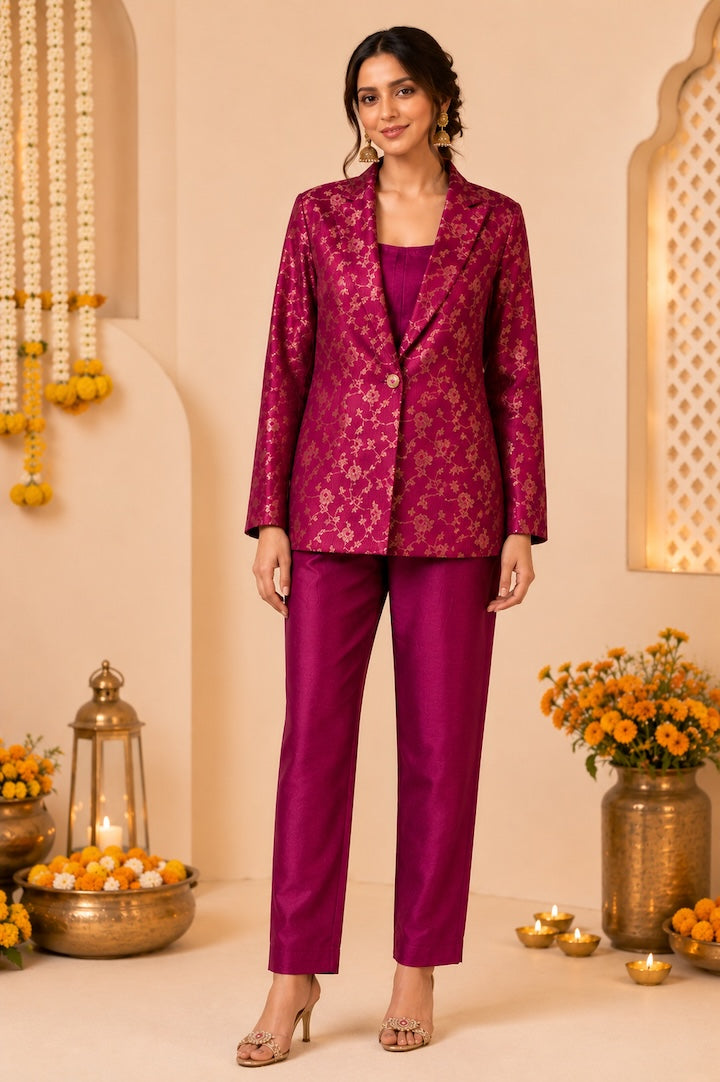 A woman models a magenta floral printed blazer and matching trousers set, standing in a warm, decorated indoor setting with traditional Indian decor elements like marigold garlands and brass vessels.