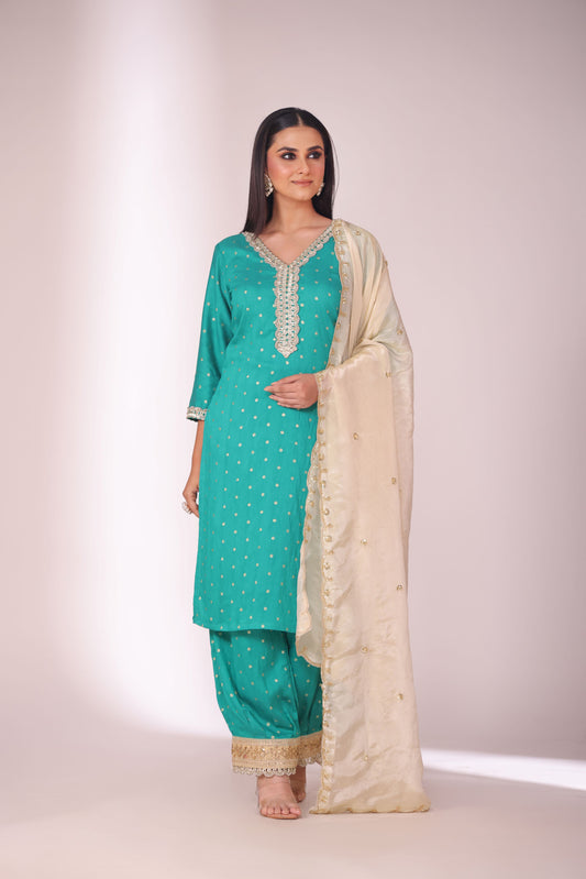 Mastani Turquoise Chanderi Kurta and Afghani Pant with dupatta- set of 3