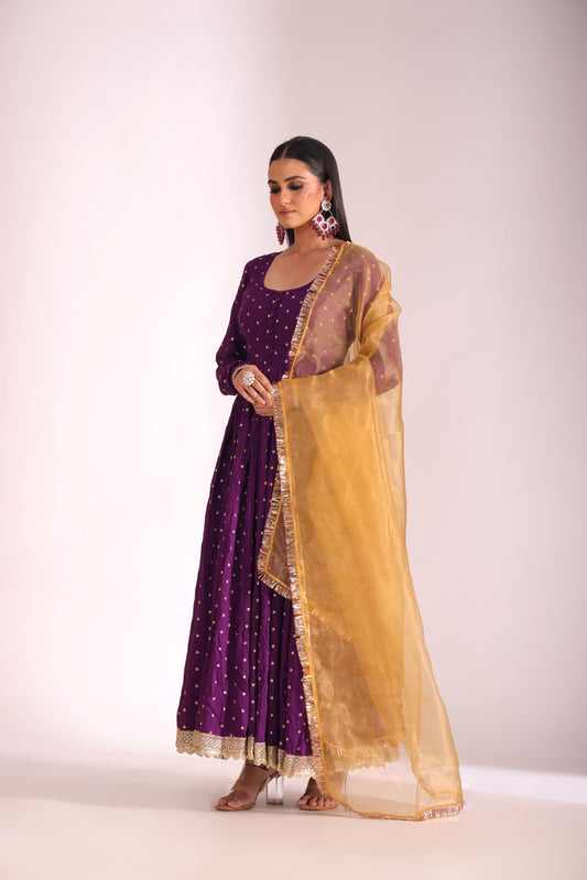 Mastani Wine Chanderi Anarkali and Pant with dupatta- set of 3