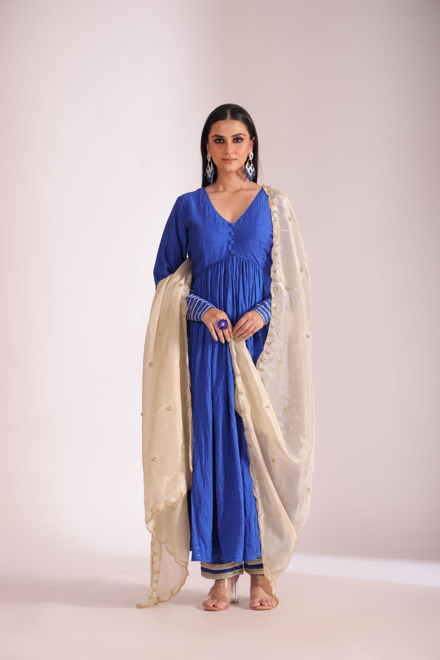 Mastani Blue Chanderi Anarkali and Pant with dupatta- set of 3
