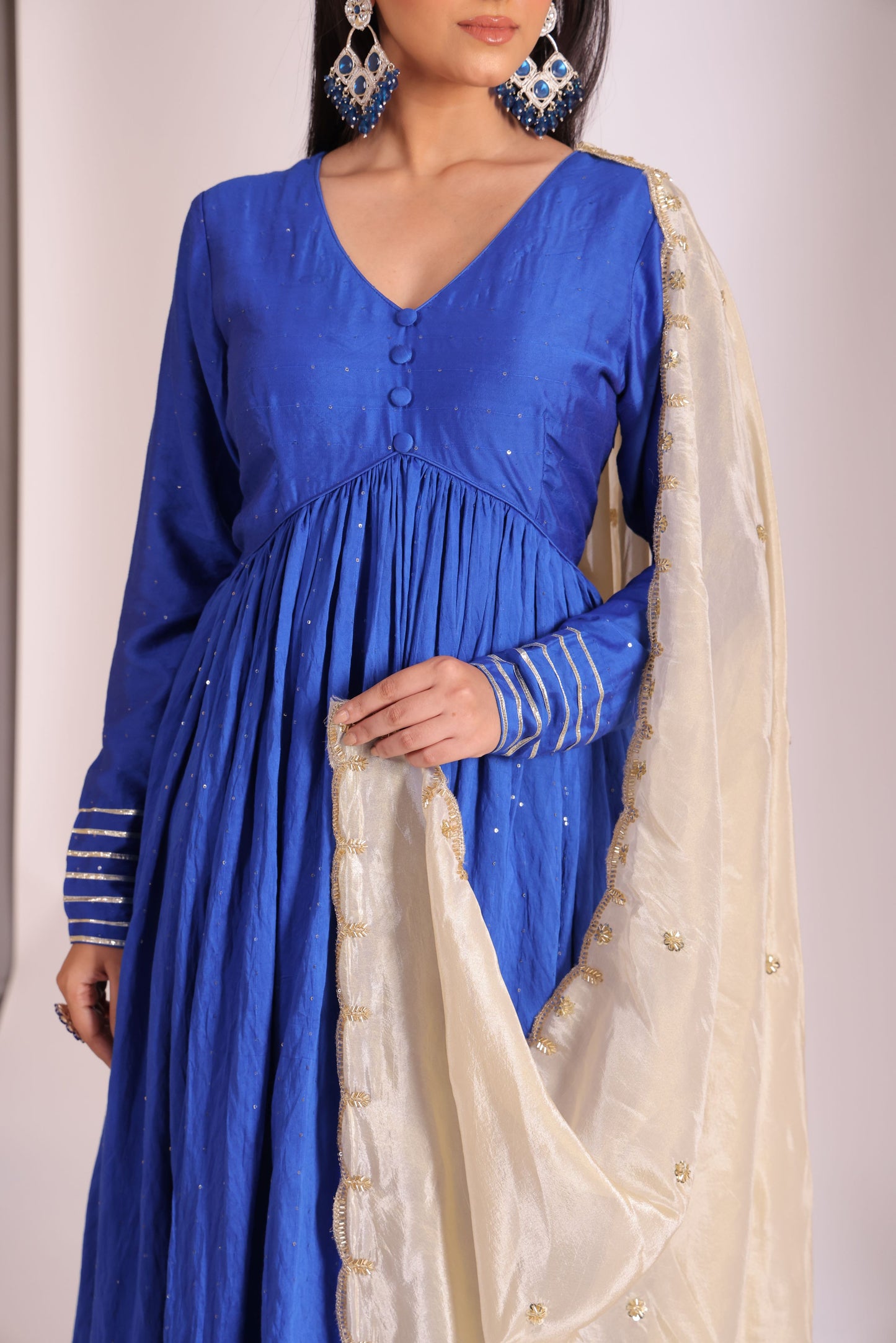 Mastani Blue Chanderi Anarkali and Pant with dupatta- set of 3