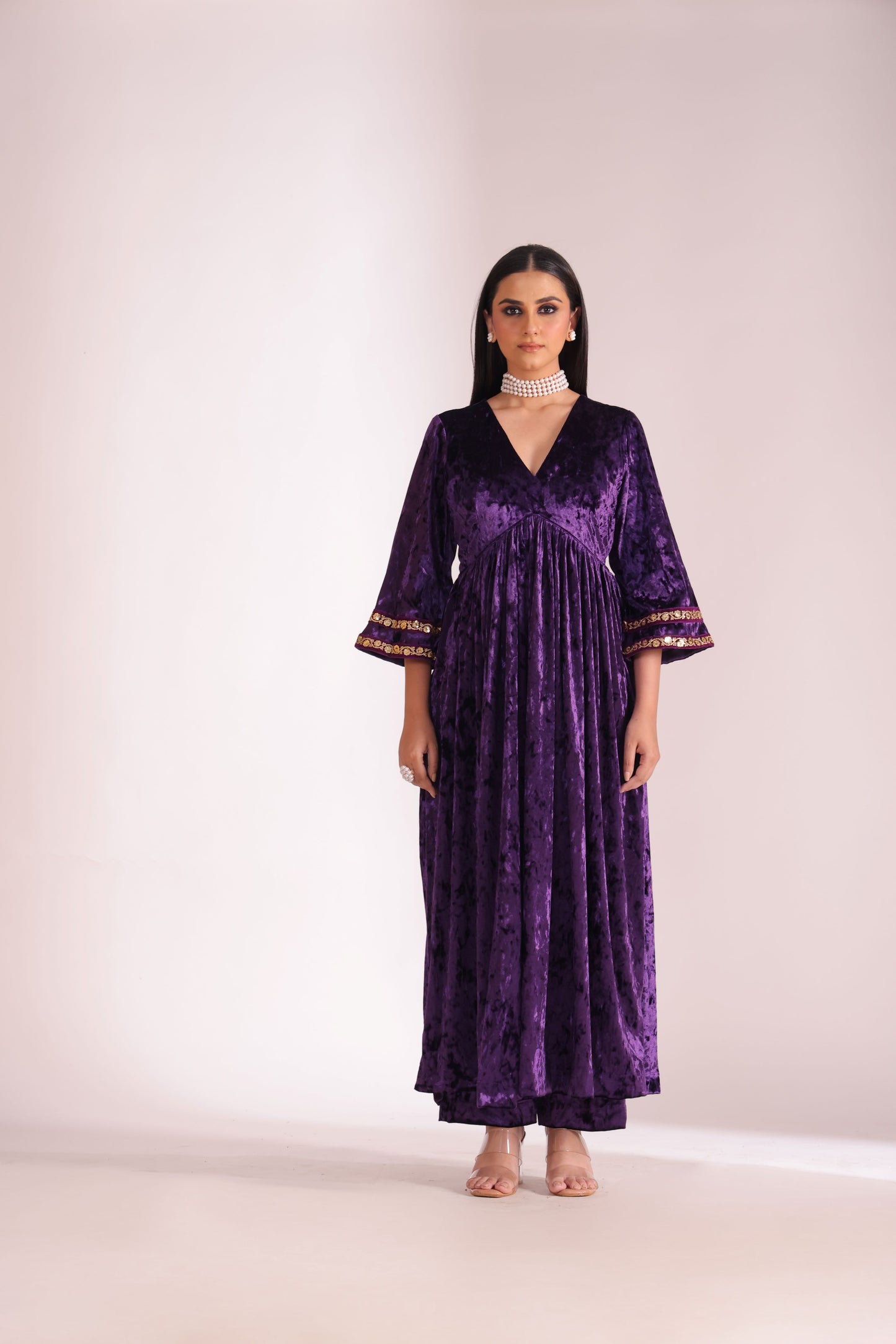 Noor-E-Zar Purple Velvet Kurta with Velvet Palazzo and Shawl - Set of 3