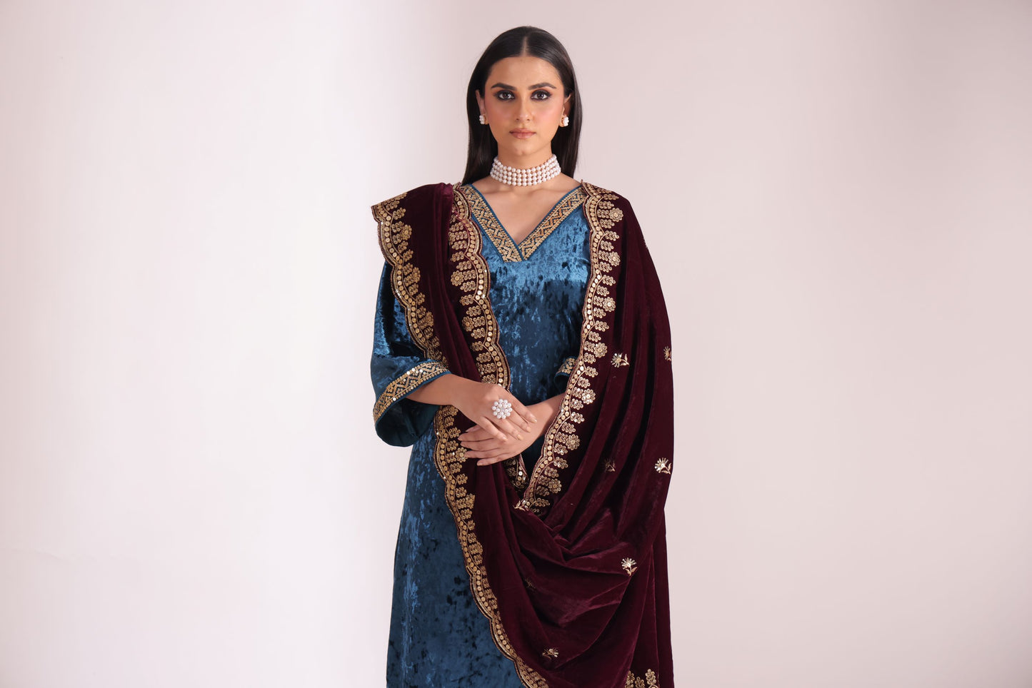 Noor-E-Zar Teal Velvet Kurta with velvet pants and Shawl - Set of 3