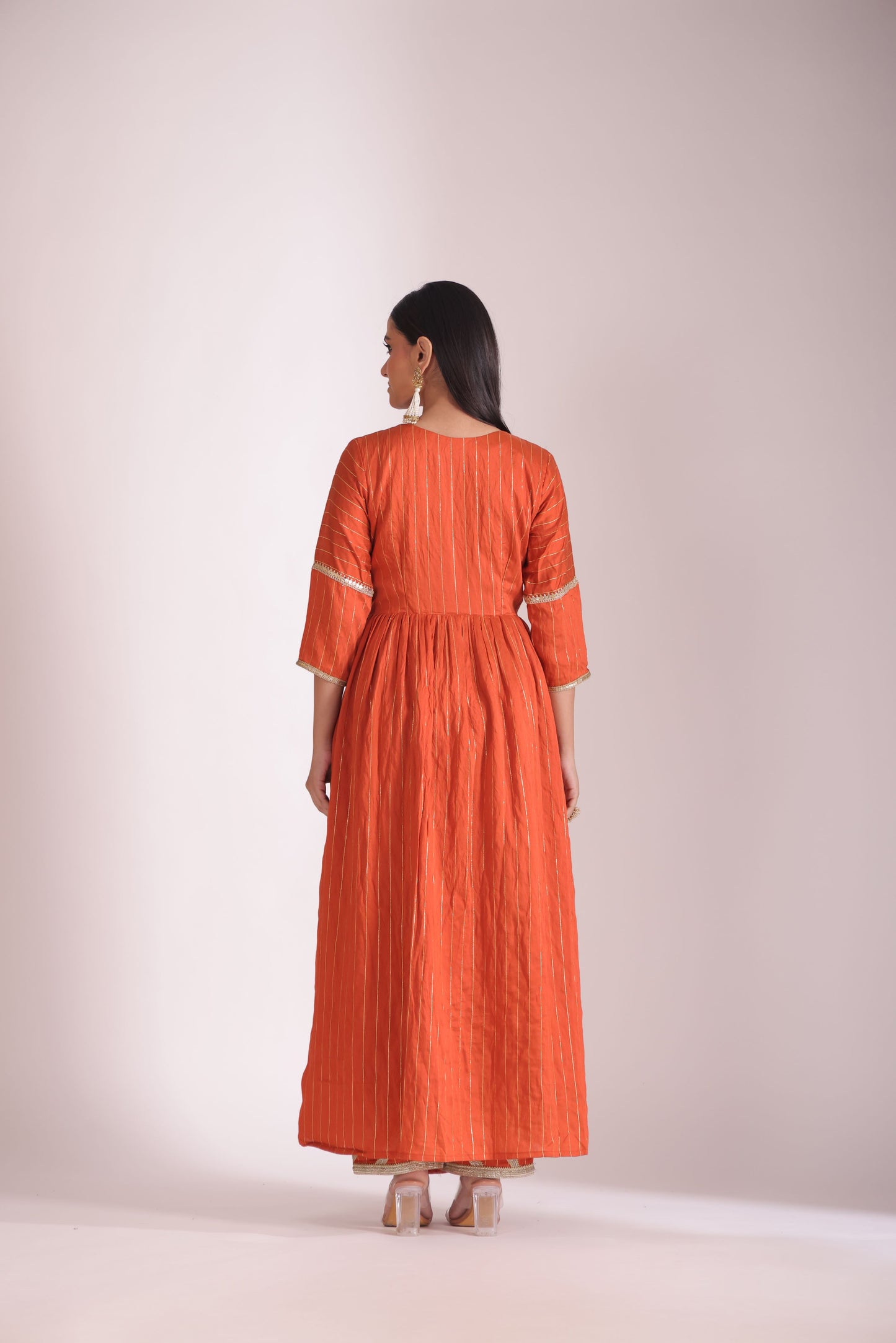 Mastani Rust Orange Chanderi Anarkali and Pant with dupatta- set of 3