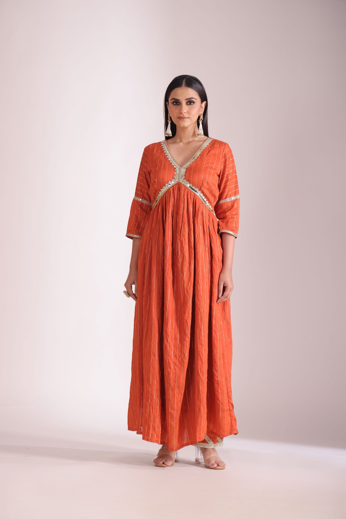 Mastani Rust Orange Chanderi Anarkali and Pant with dupatta- set of 3