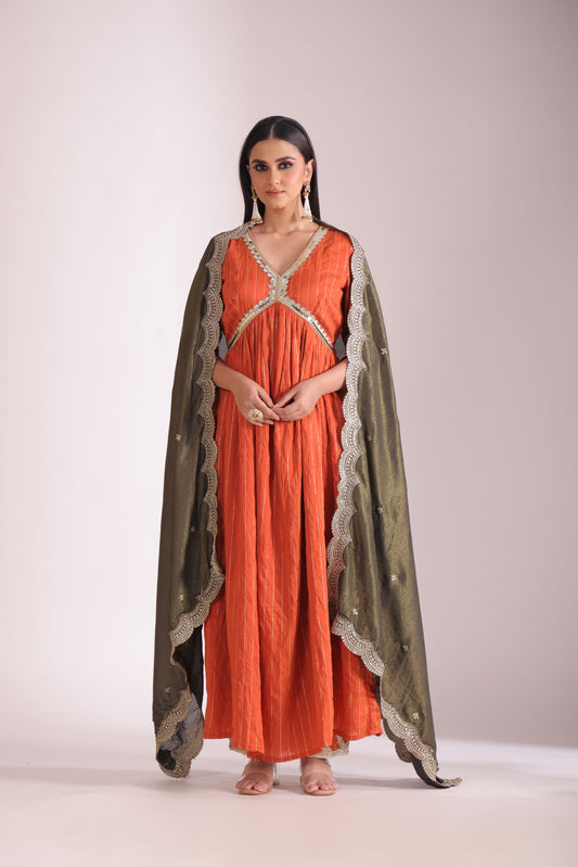 Mastani Rust Orange Chanderi Anarkali and Pant with dupatta- set of 3
