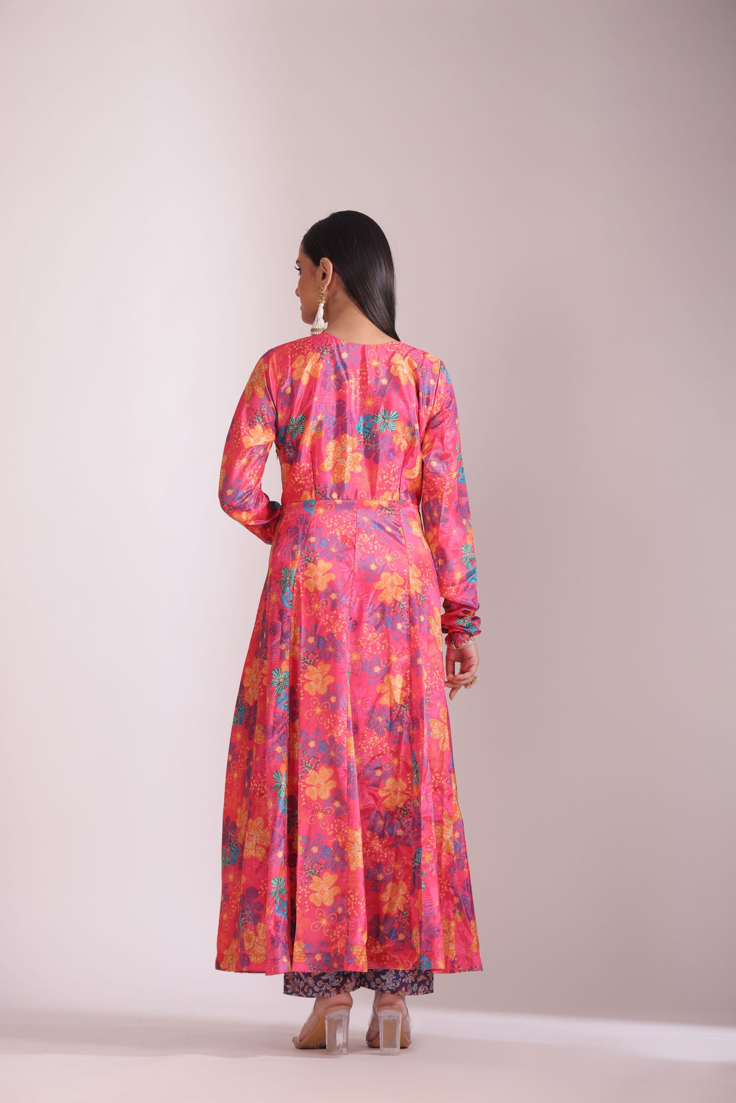 Gulzar Pink Floral printed Anarkali with pant and dupatta- set of 3