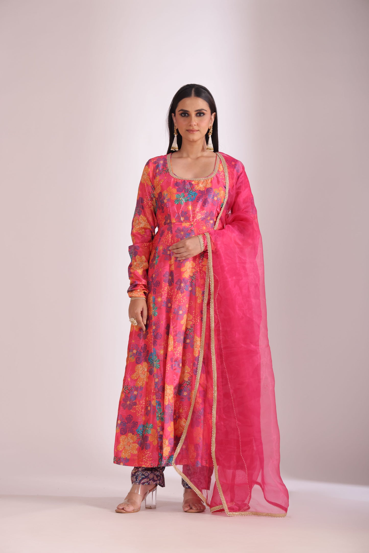 Gulzar Pink Floral printed Anarkali with pant and dupatta- set of 3