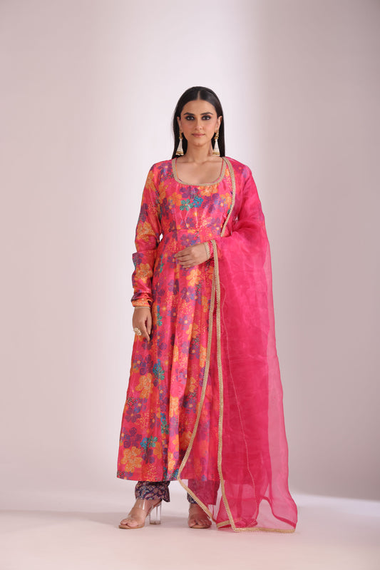 Gulzar Pink Floral printed Anarkali with pant and dupatta- set of 3