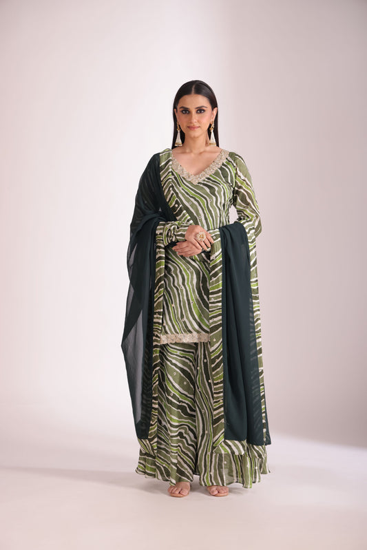 Gulzar Green printed Kurta with Sharara and dupatta- set of 3