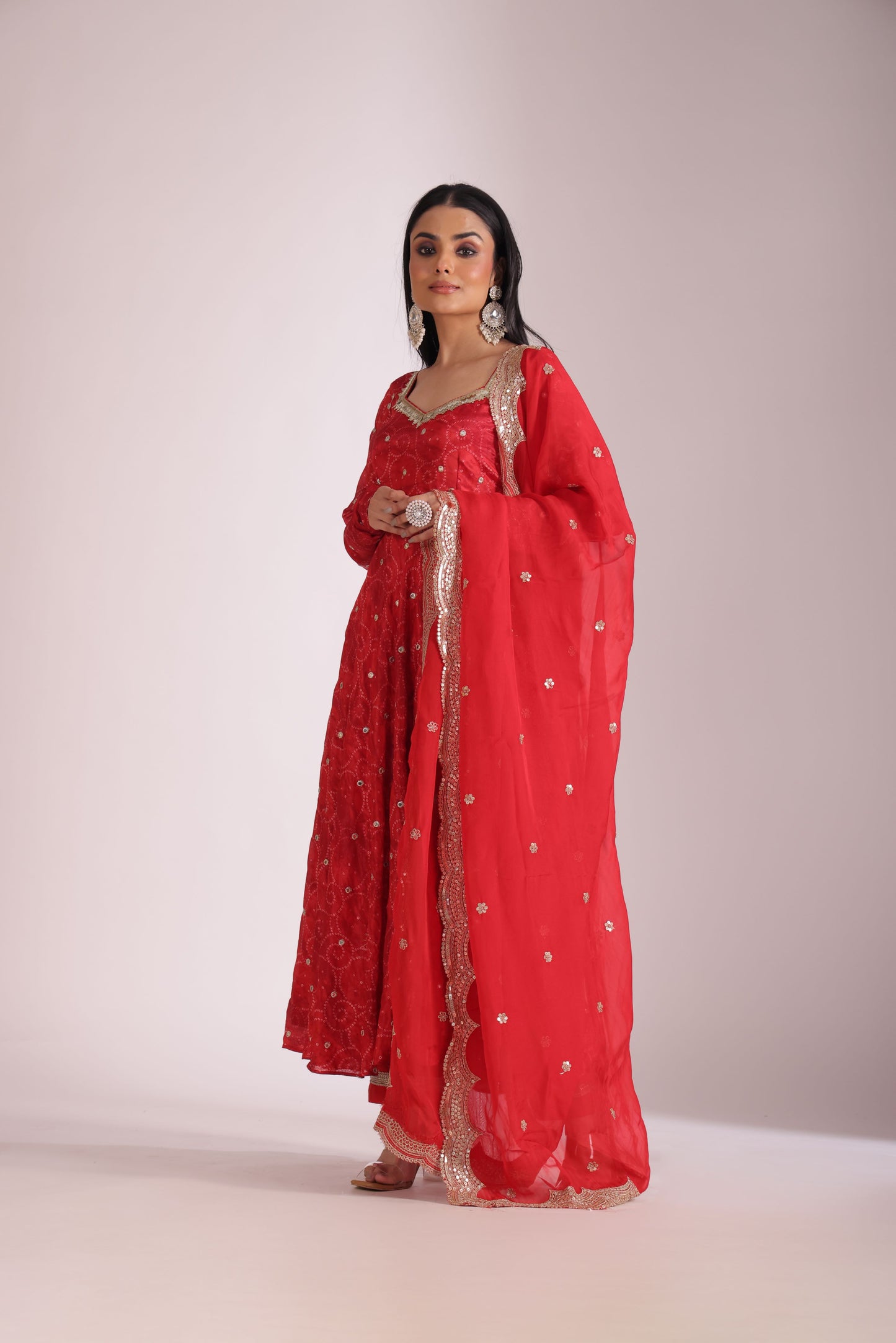 Gulzar Red printed Anarkali with Pant and dupatta- set of 3