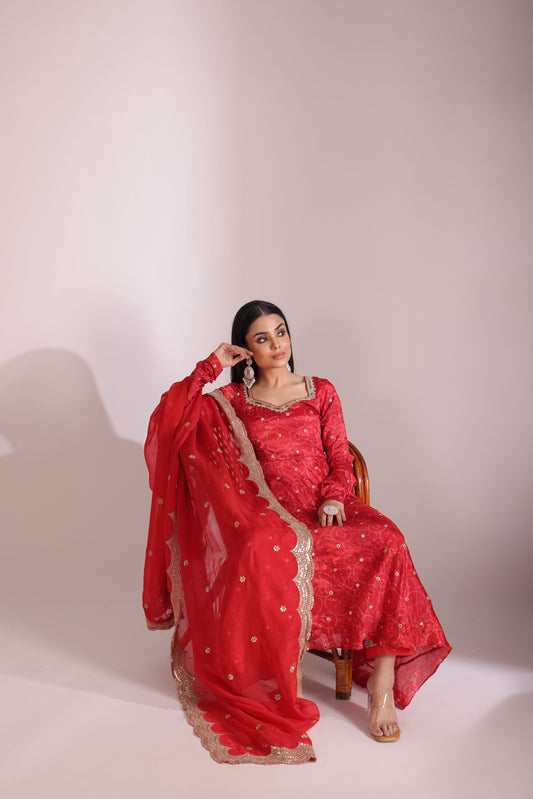 Gulzar Red printed Anarkali with Pant and dupatta- set of 3