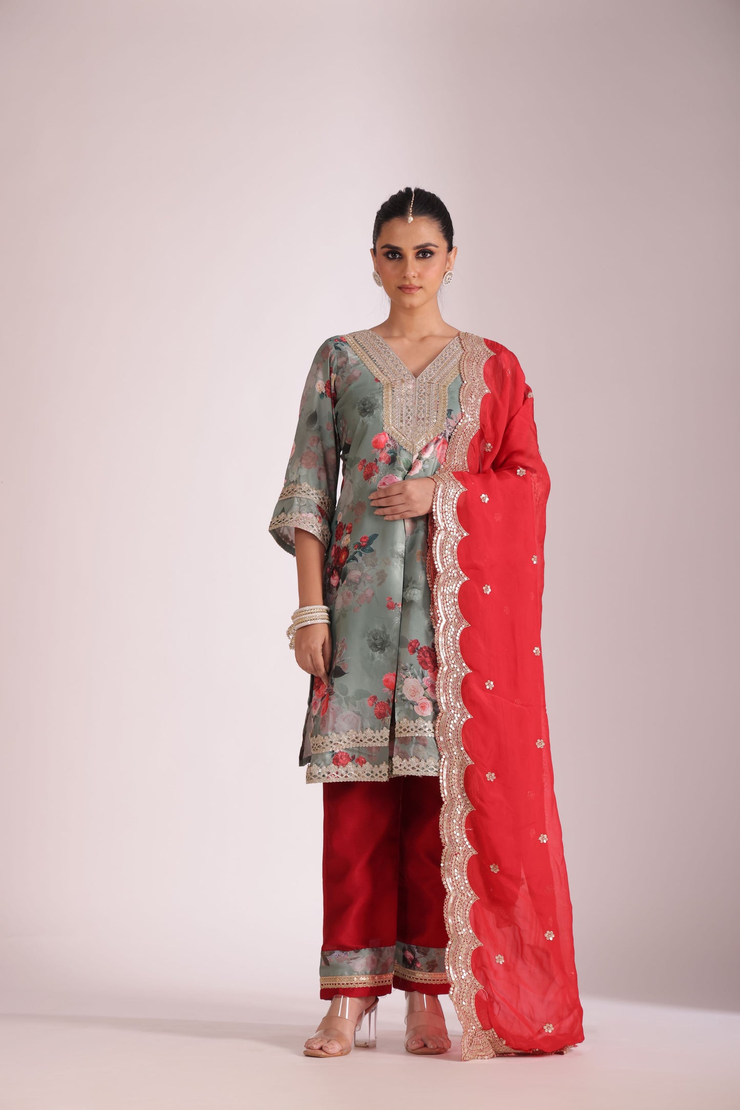 Gulzar Green printed Kurta with Pant and Dupatta- set of 3