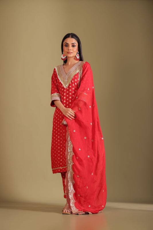 Noorika Red Kurta with pant and dupatta- set of 3