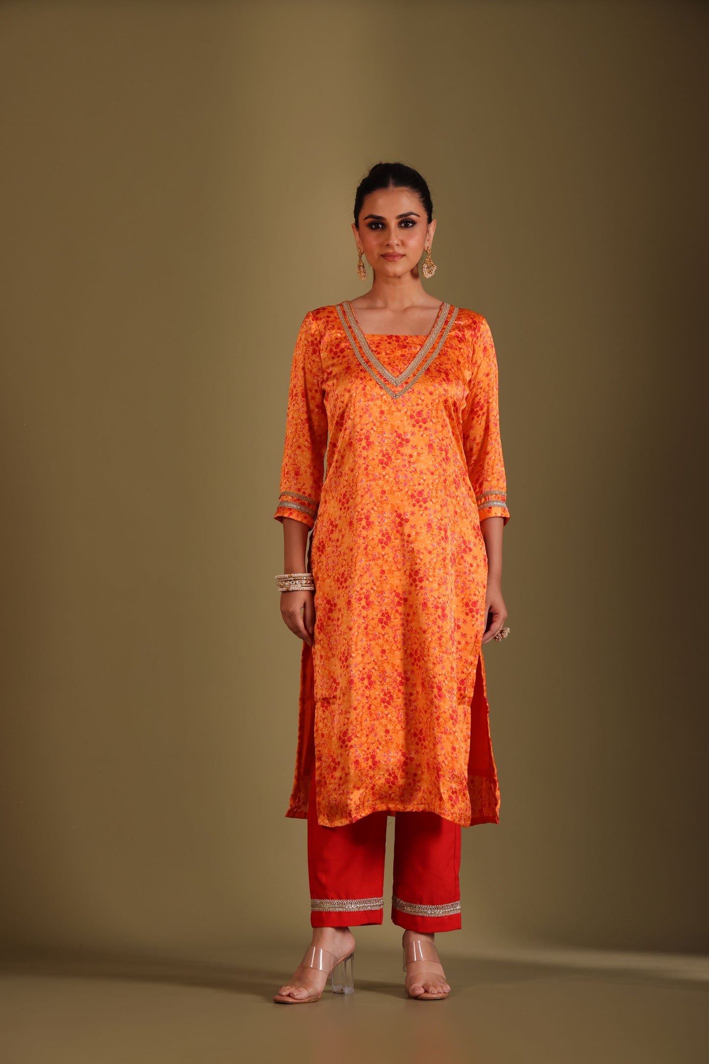 Gulzar Orange printed Kurta with Pant and dupatta- set of 3