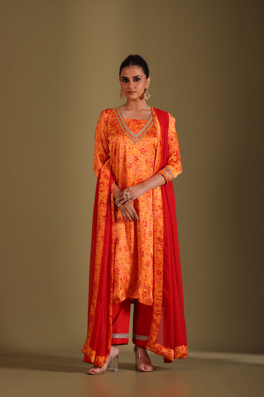 Gulzar Orange printed Kurta with Pant and dupatta- set of 3