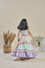 Load image into Gallery viewer, Peach and mint lehenga with frills, blouse, potli bag set
