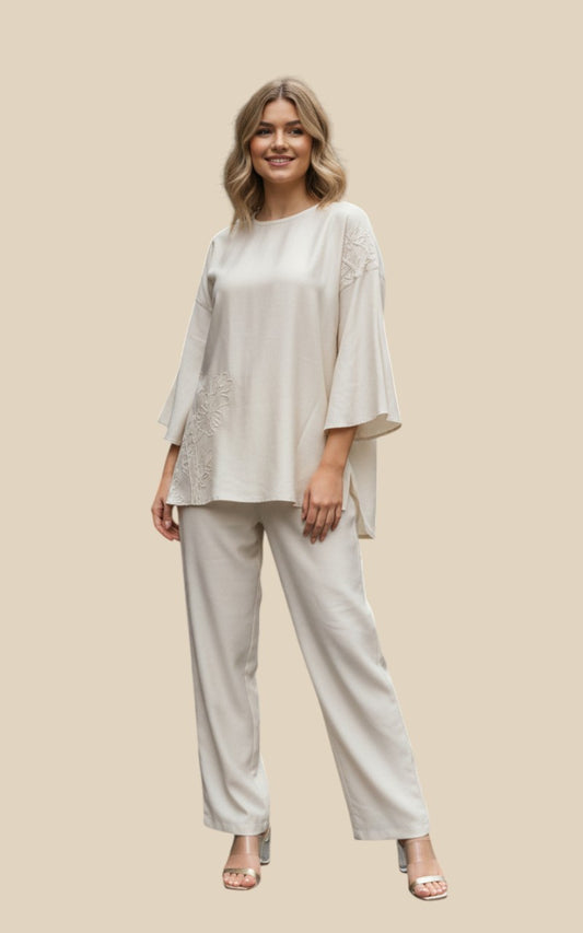 Beige Embroidered Round Neck Tunic & Trouser Co-Ord set