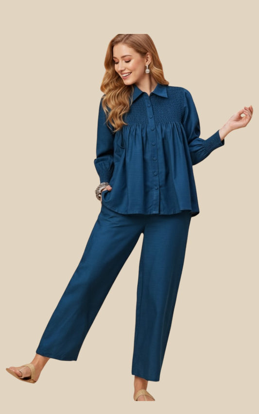Teal Smocked Yoke A-Line Shirt & Trousers Fusion Co-Ords