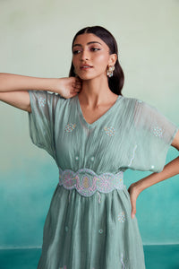 Aquarelle dress - Mint Kaftan Dress with hand embroidered Belt