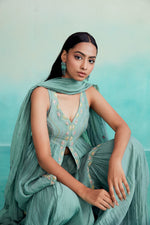 Load image into Gallery viewer, aquamarine kurta sharara set - Mint Hand embroidered gathered Kurta Sharara &amp; Dupatta set
