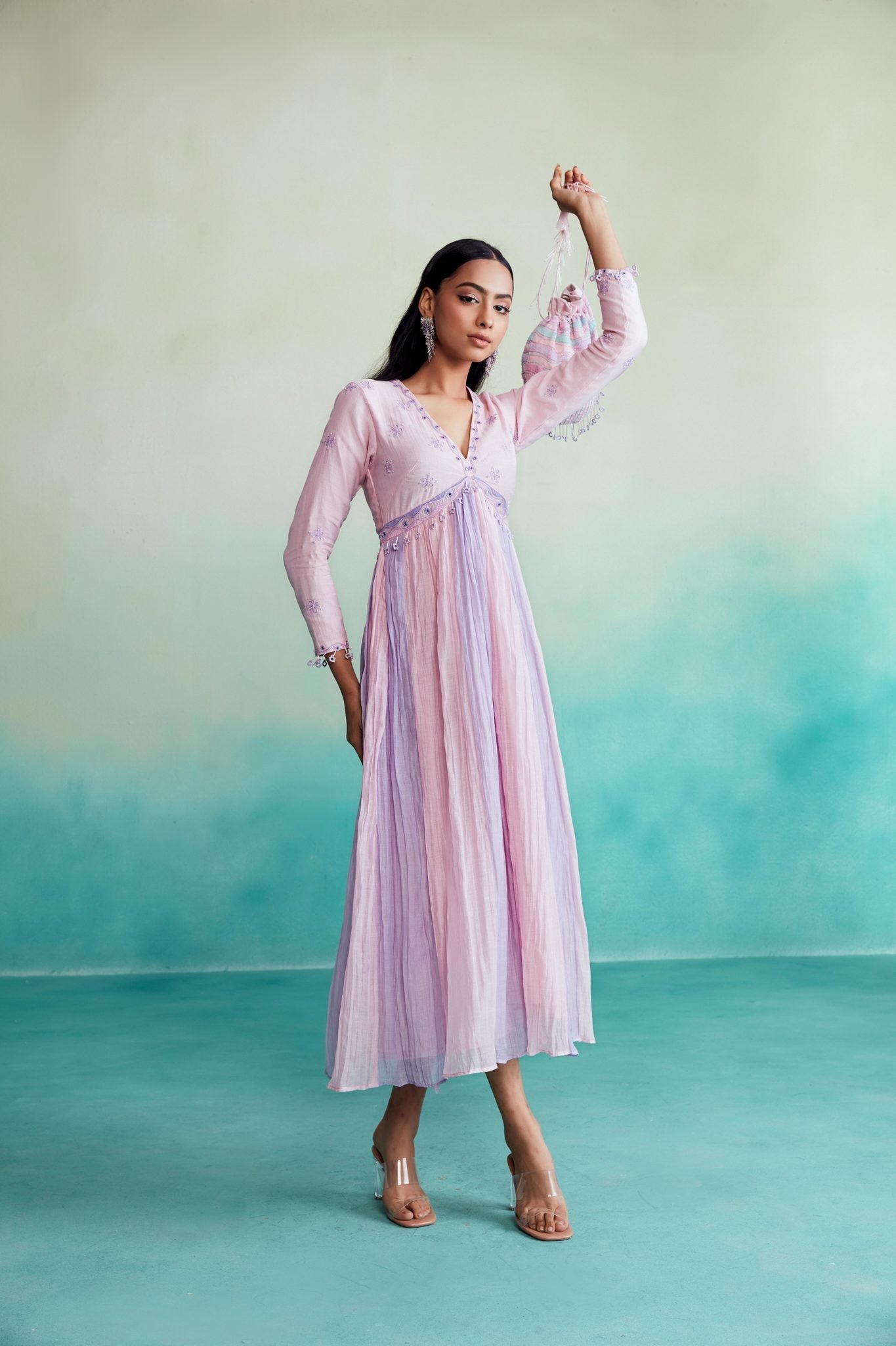 Petala dress - Orchid Pink & Lavender pleated hand embroidered Dress