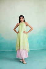 Load image into Gallery viewer, Limeade kurta skirt set - Lime &amp; Orchid Pink Hand embroidered Kurta Skirt set
