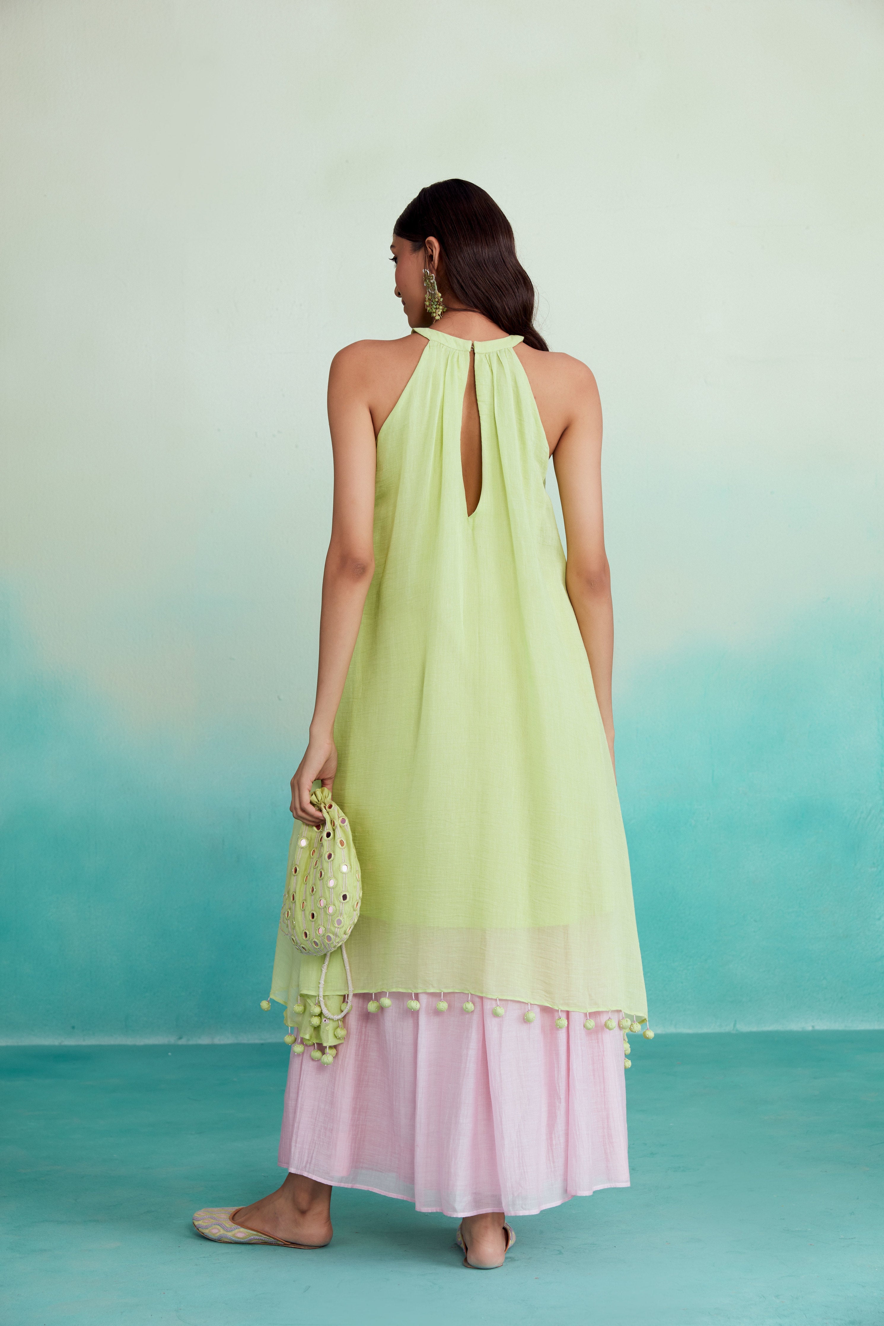 Limeade kurta skirt set - Lime & Orchid Pink Hand embroidered Kurta Skirt set